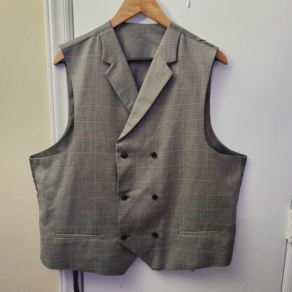 Mens Suit Vest Gray Plaid Double Breast Waistcoat Classic Preppy Sz XL Cosplay - Picture 1 of 5
